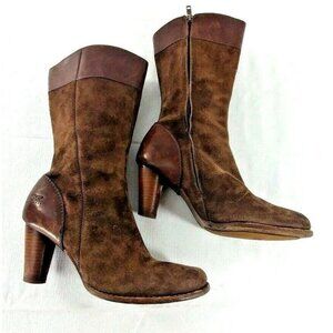 Ugg Australia High Heel Brown Suede Leather Boots Mid Calf Wms US 7.5 EU 38.5***